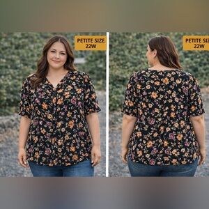 More jazz Black Floral V-Neck Short Sleeve Top - Petite 22W